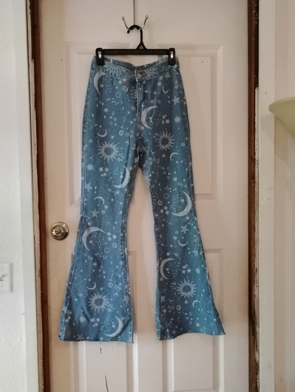 Celestial Print Flared Jeans in Light Blue